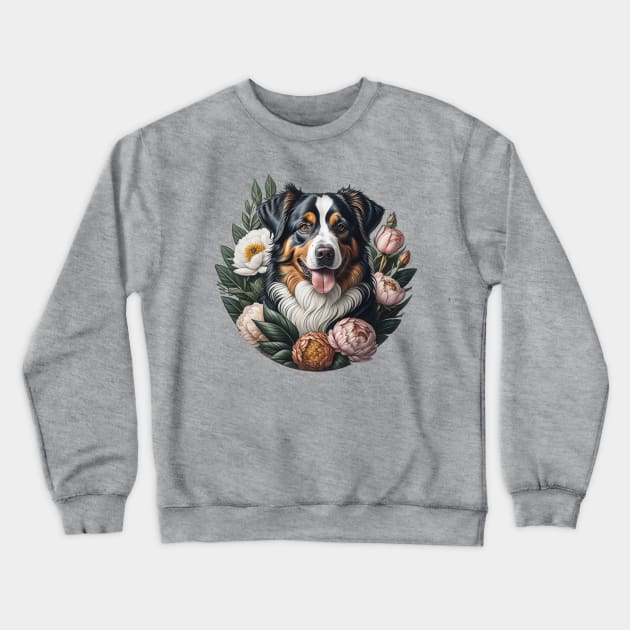 Tricolor Australian Shepherd Framed By Peonies Crewneck Sweatshirt by Pet And Petal